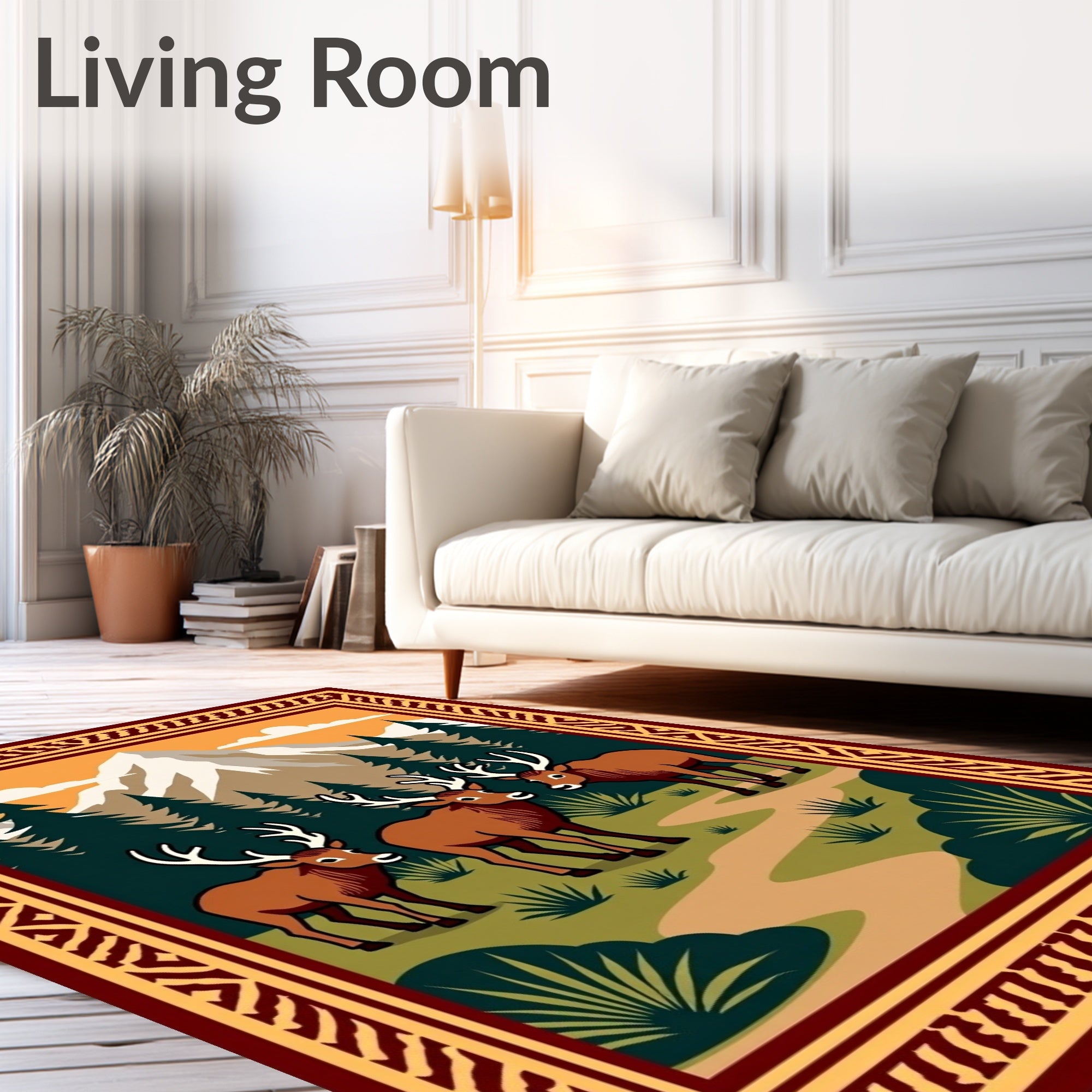 Woodland Deer Mountain Scene Landscape Rug