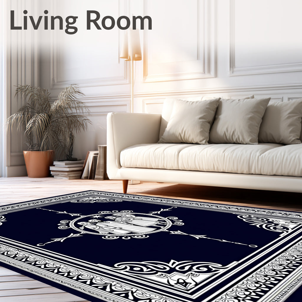Dark Navy White Vintage Family Portrait Rug