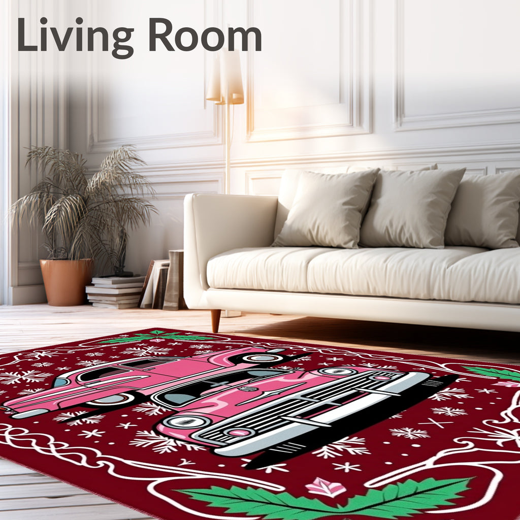 Vintage Pink Cars Snowflake Border Rug