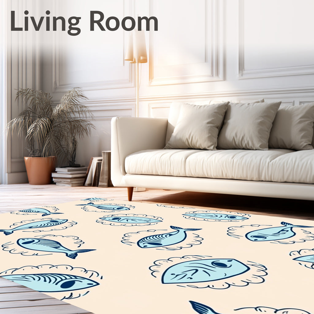 Light Blue Fish Sketch Accent Rug
