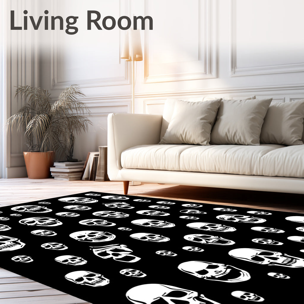 White Skulls Scattered Black Background Rug