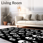 White Skulls Scattered Black Background Rug