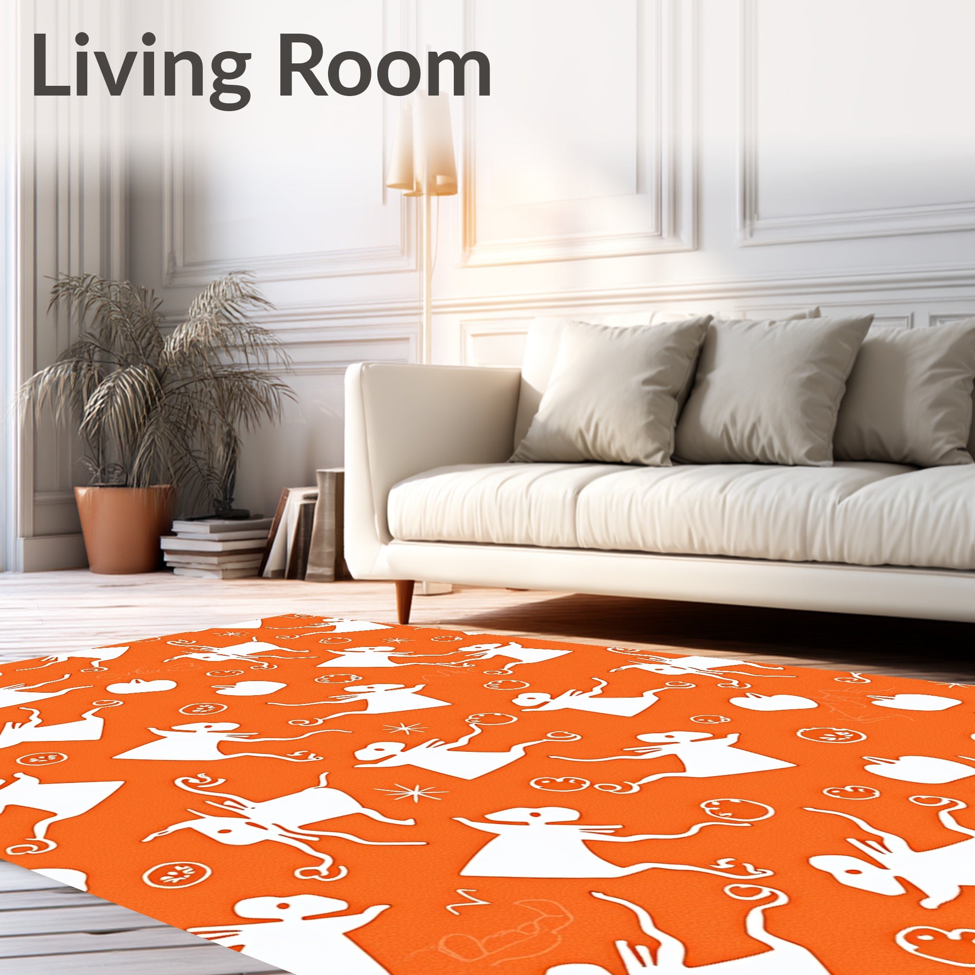 Whimsical White Figures Orange Background Rug