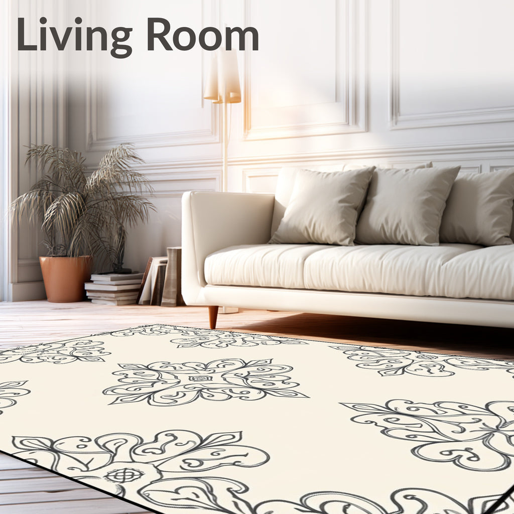 Cream Black Ornate Floral Medallion Rug