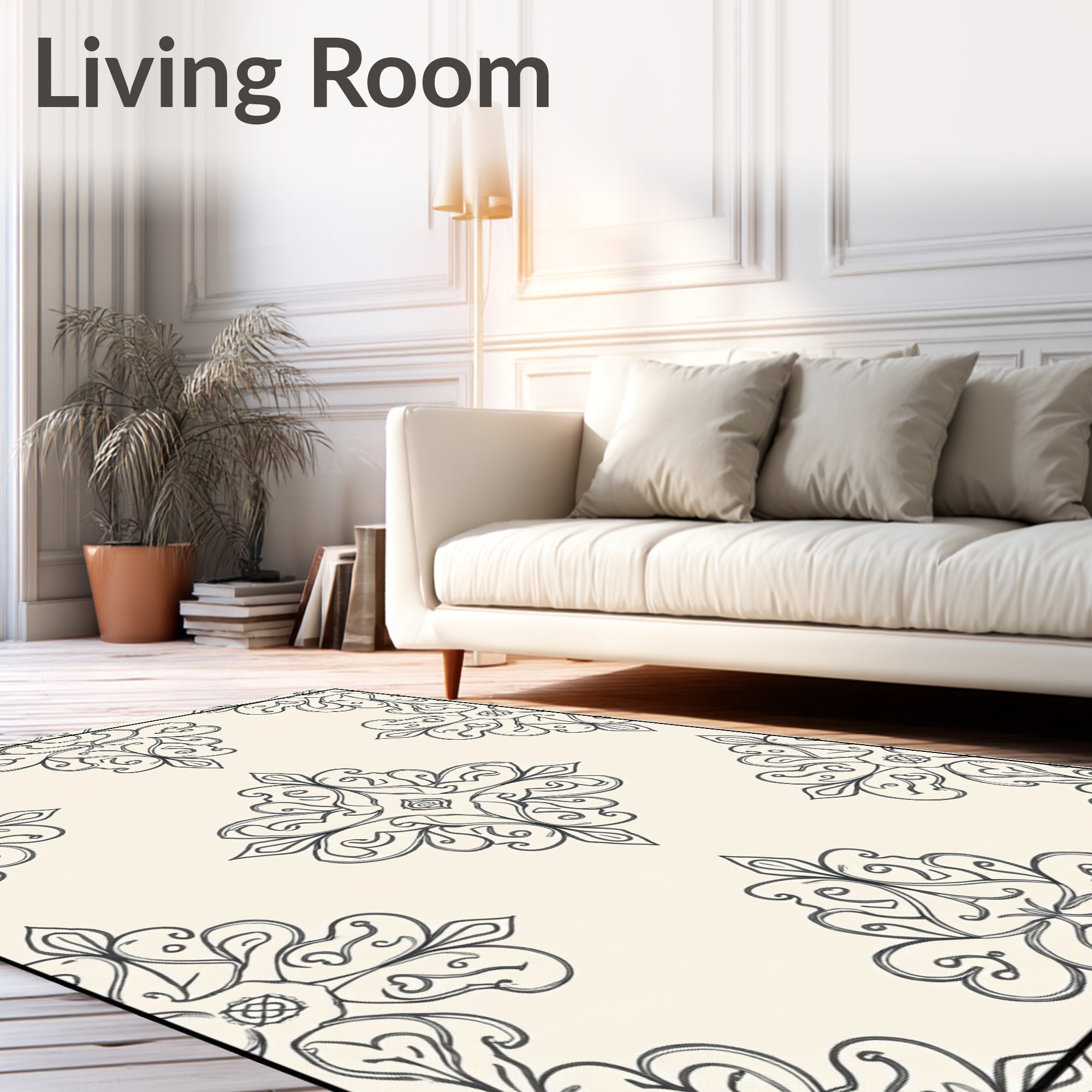 Cream Black Ornate Floral Medallion Rug
