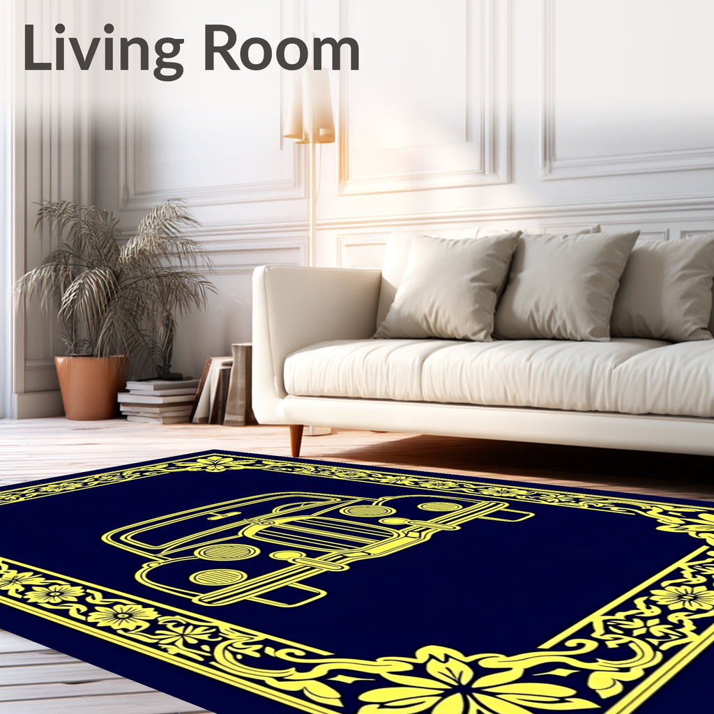 Golden Vintage Car Floral Border Rug
