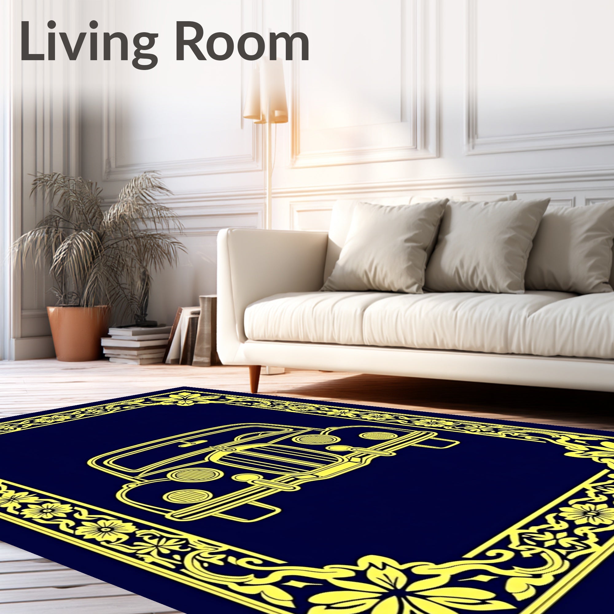Golden Vintage Car Floral Border Rug