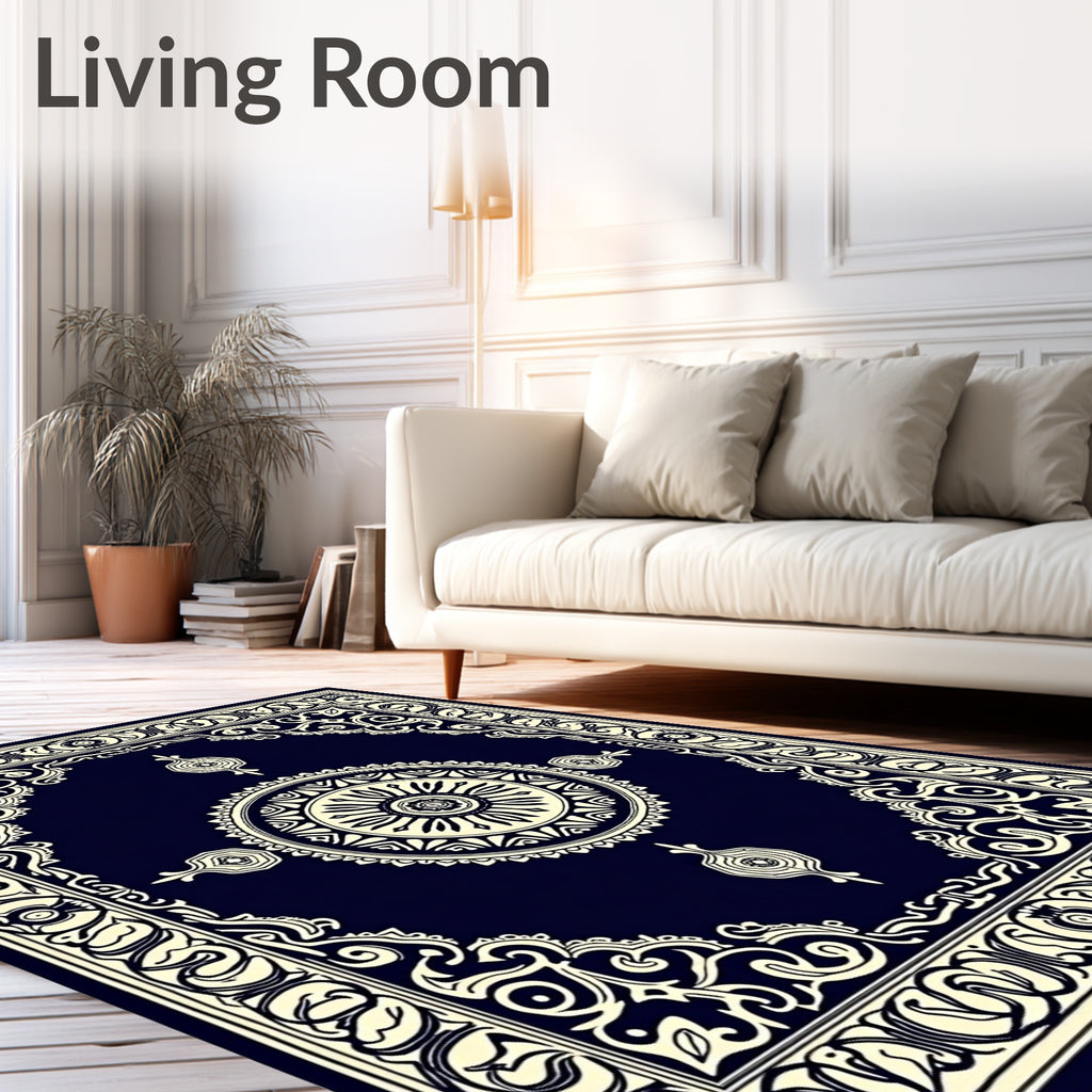 Deep Navy Cream Medallion Border Rug