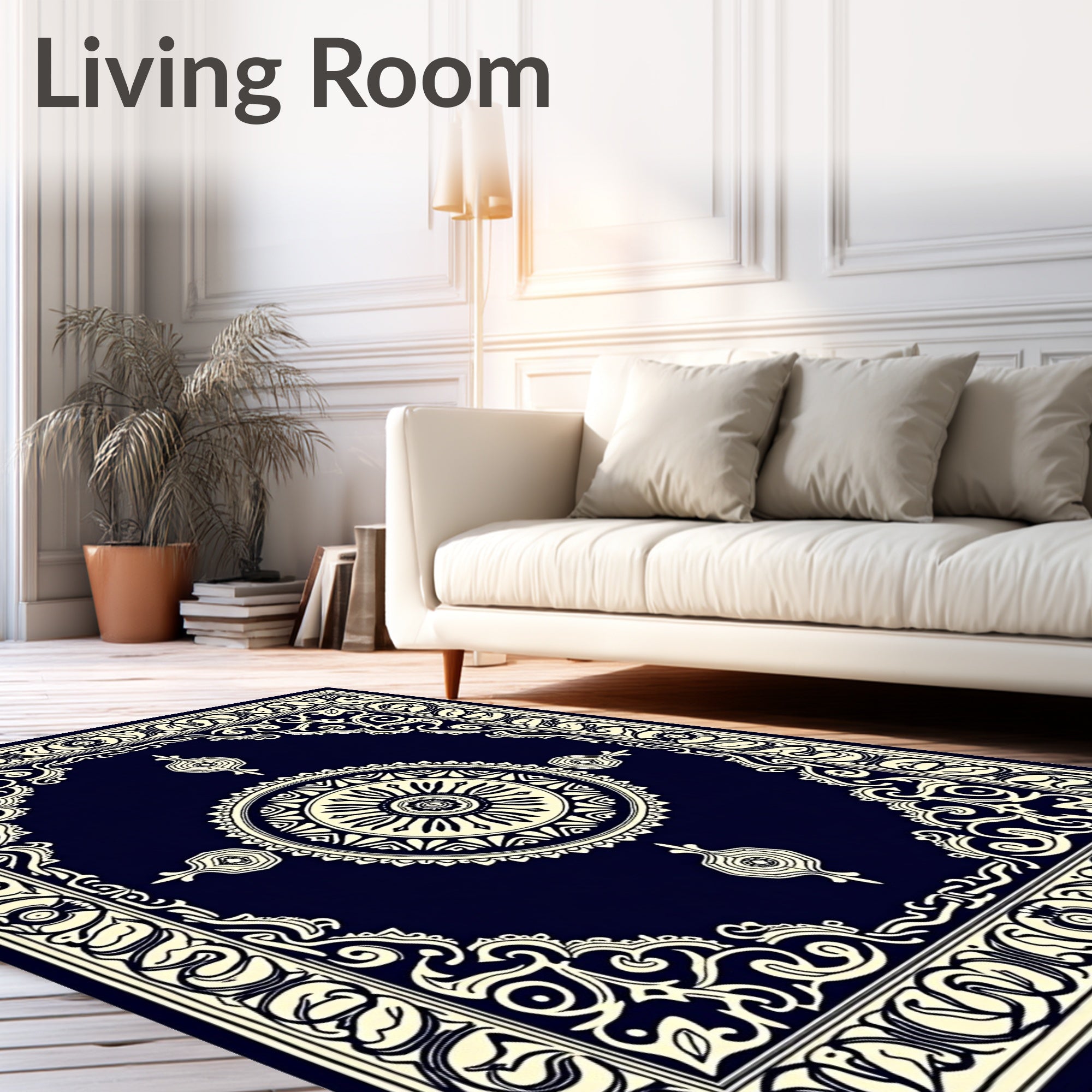 Deep Navy Cream Medallion Border Rug