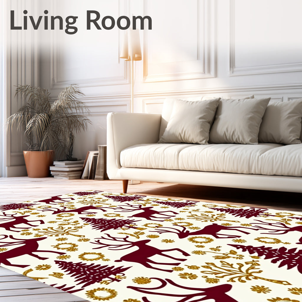 Crimson Deer Christmas Trees Garland Rug