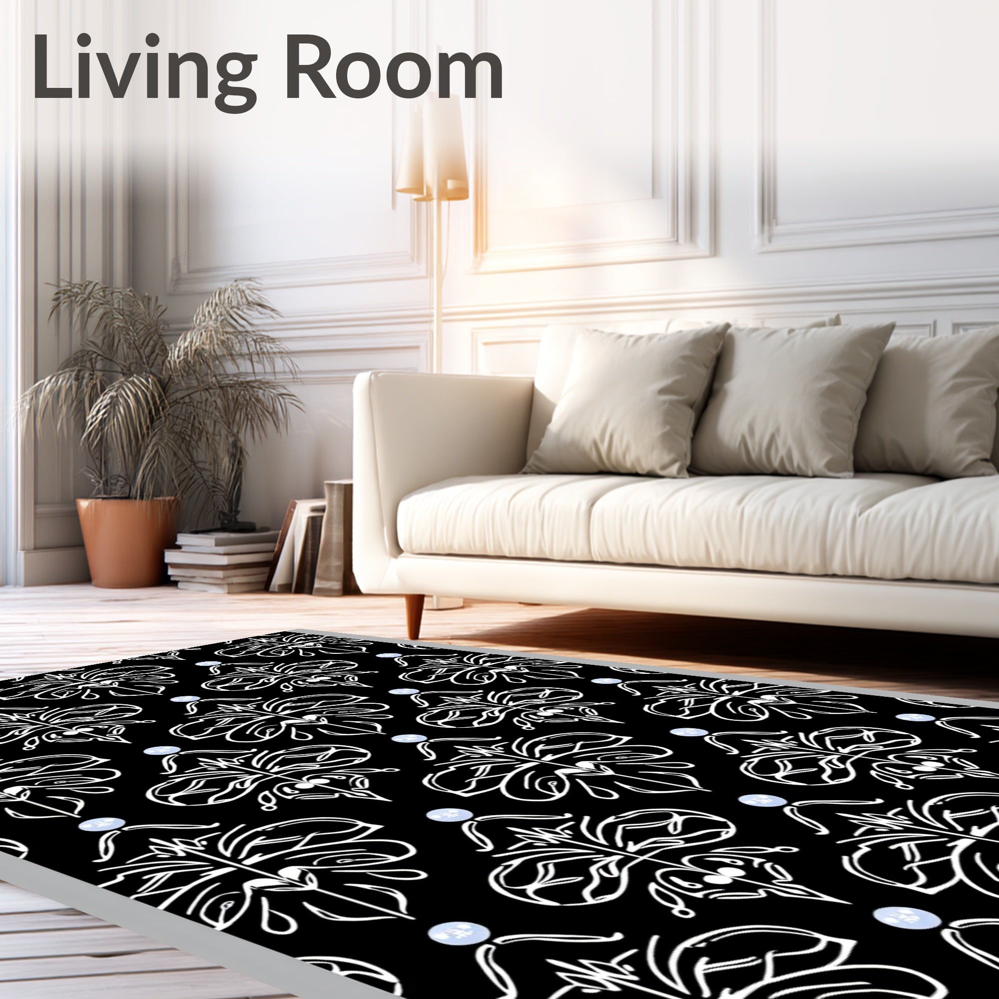 Classic White Damask Black Medallion Rug