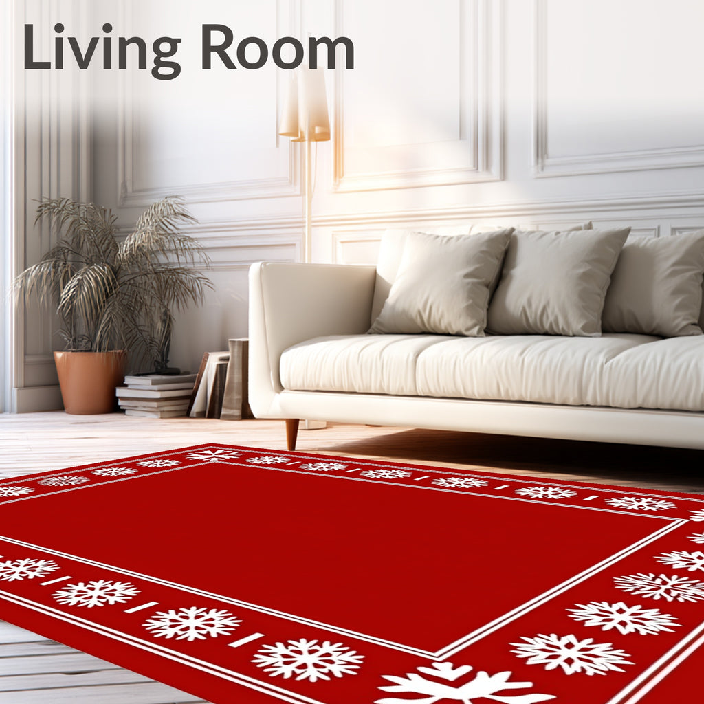 Festive Red White Snowflake Border Rug