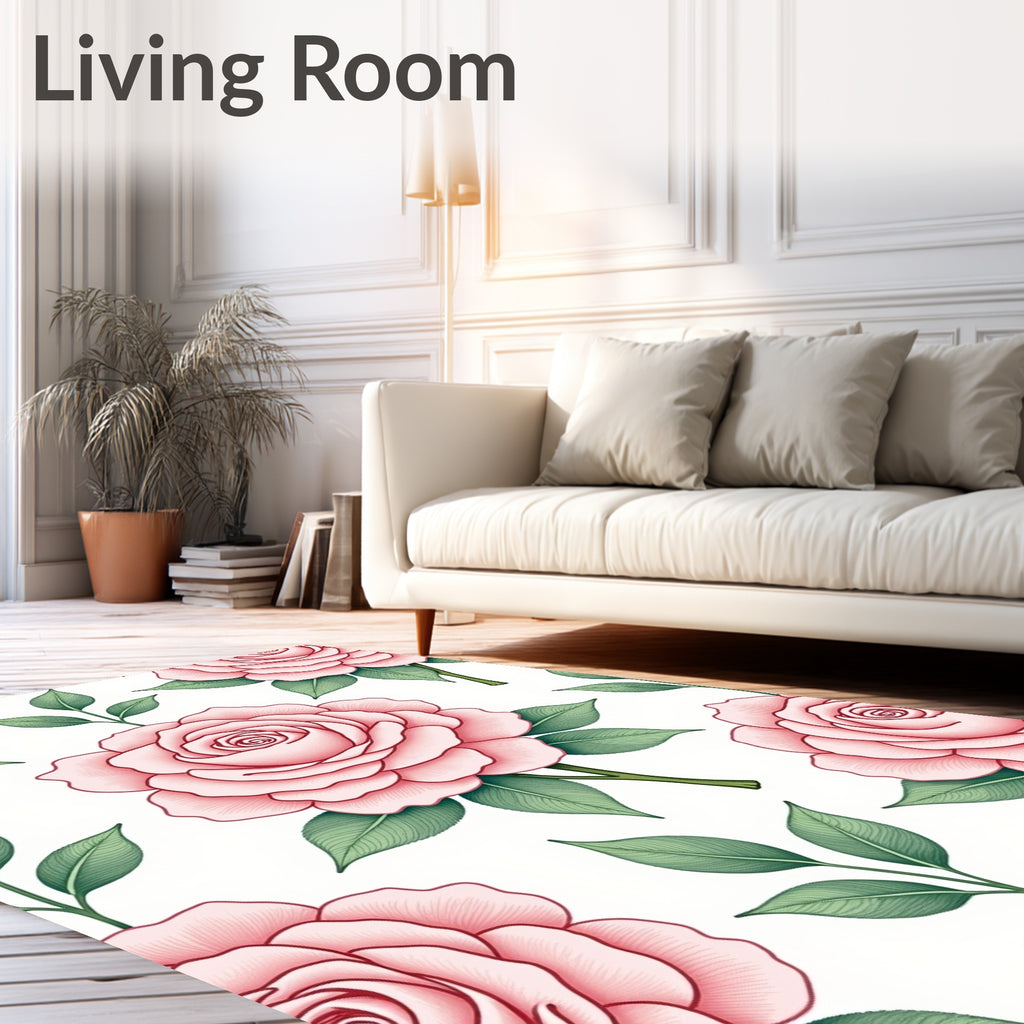 Pink Rose Garden Botanical Illustration Rug