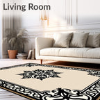 Ornamental Black and Cream Medallion Frame Rug