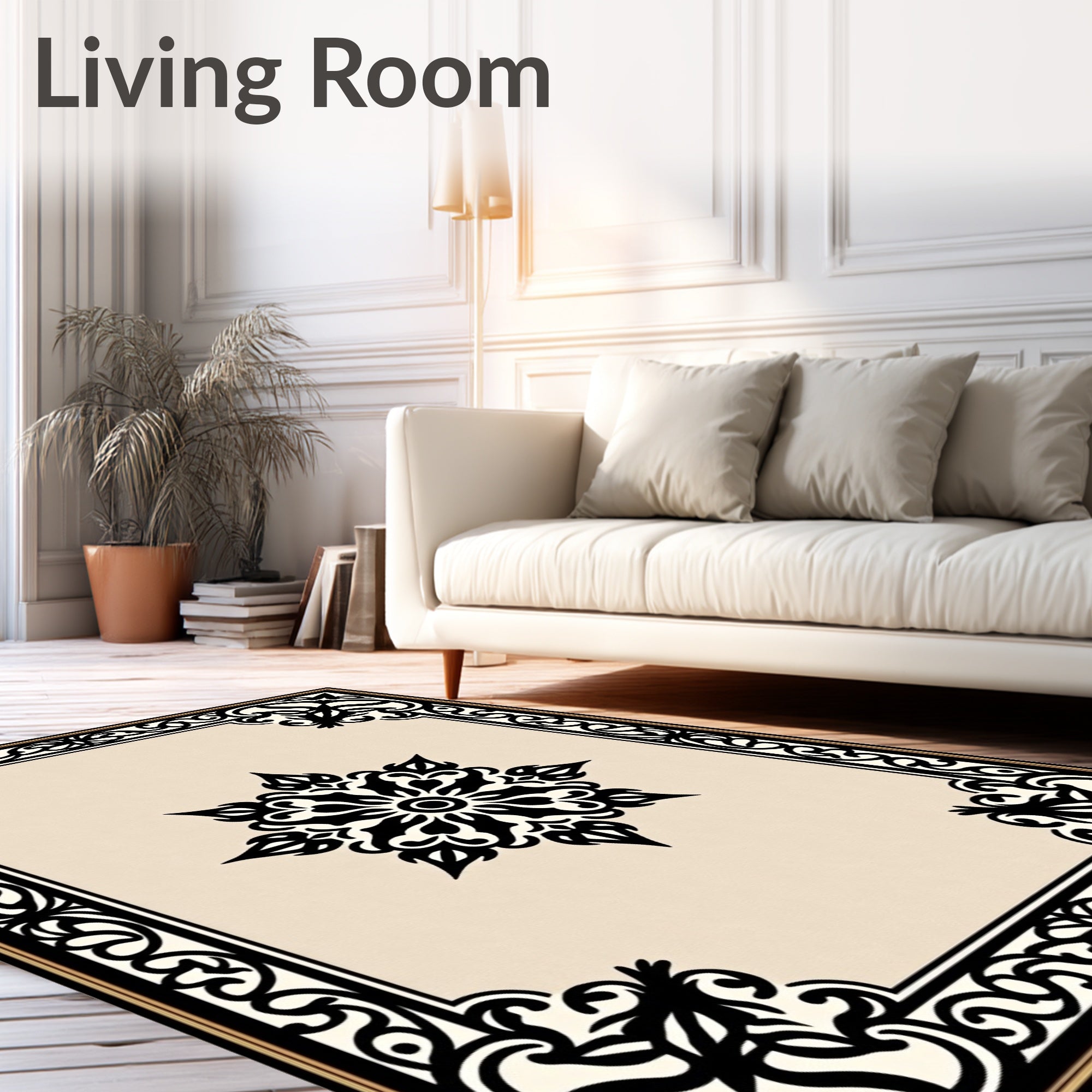 Ornamental Black and Cream Medallion Frame Rug