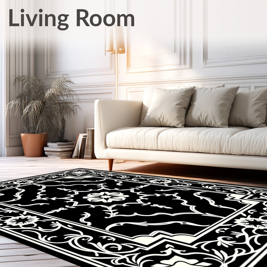 Classic Black White Floral Medallion Border Rug