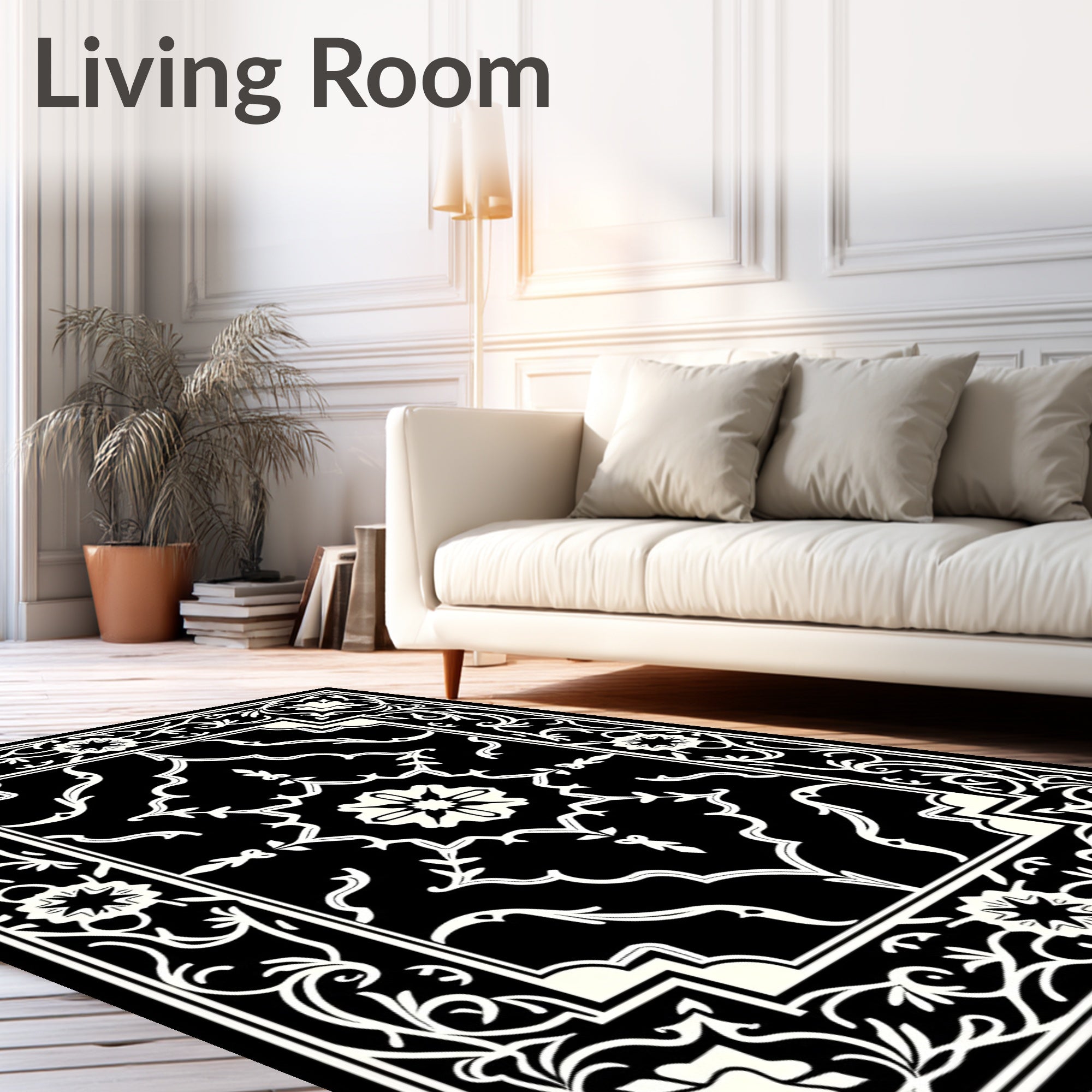 Classic Black White Floral Medallion Border Rug