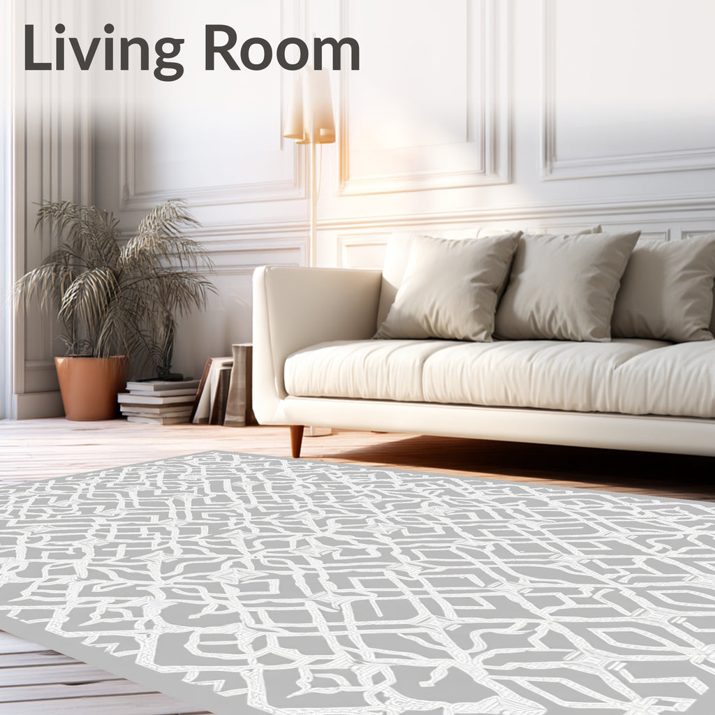 White Interlocking Lattice Over Gray Background Rug