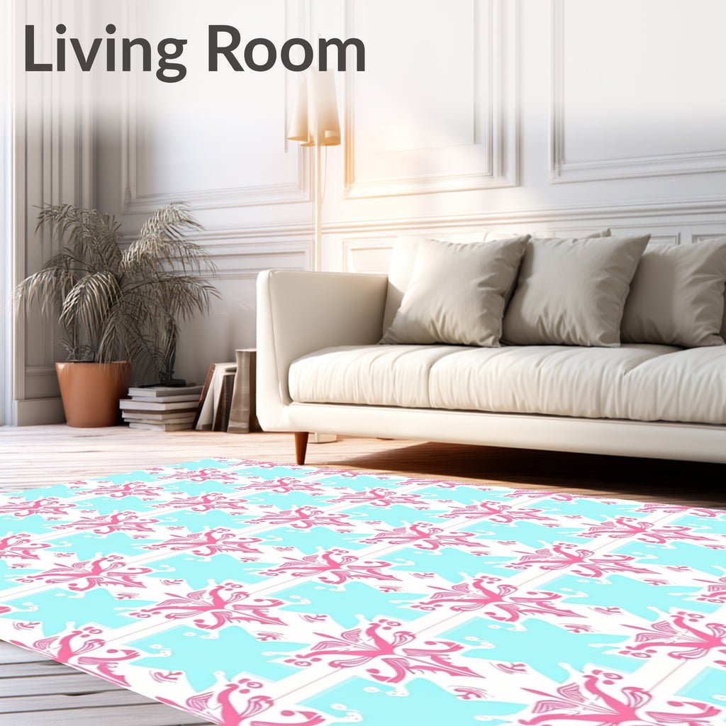 Pink Floral Medallion Aqua Stripe Rug