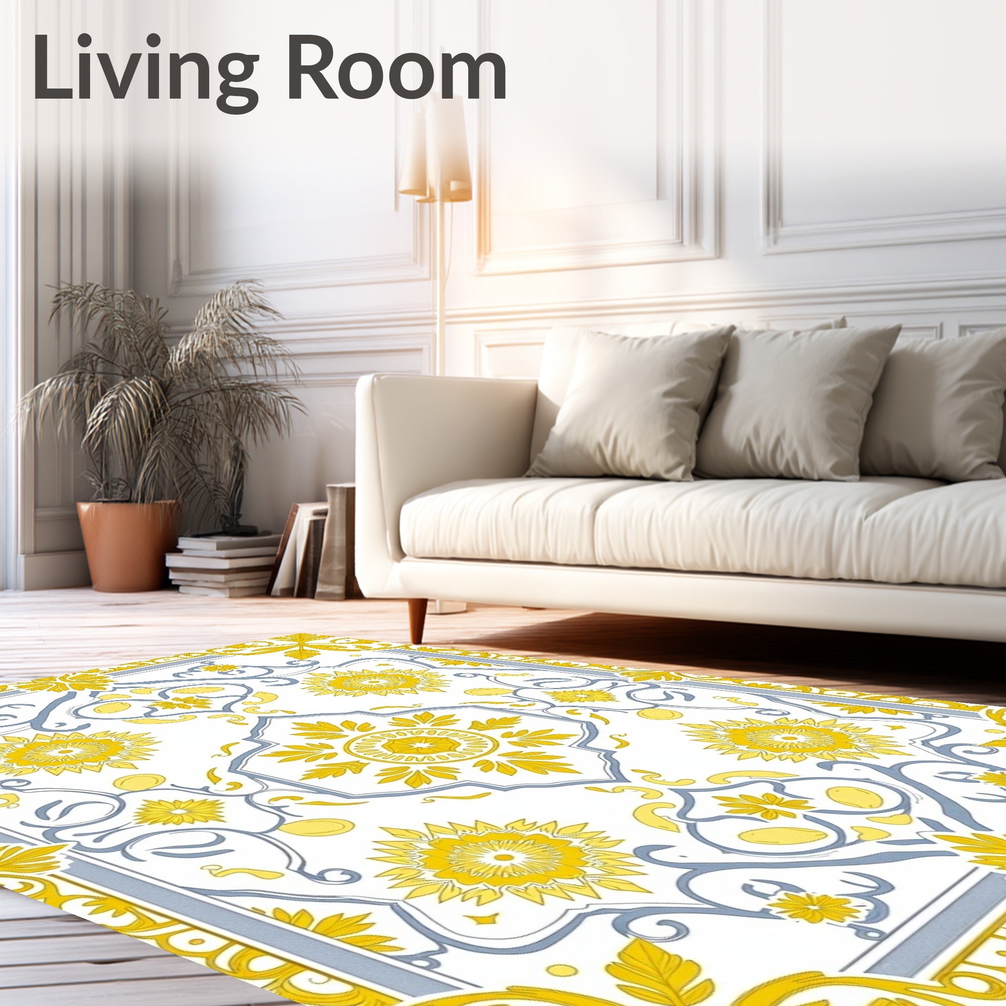 Yellow Grey Floral Medallion Scroll Rug