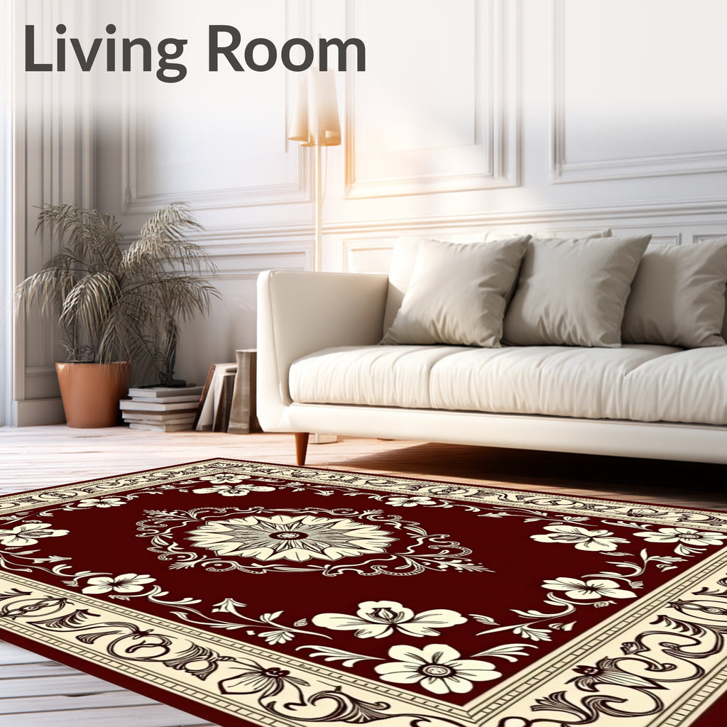 Rich Burgundy Floral Medallion Border Rug