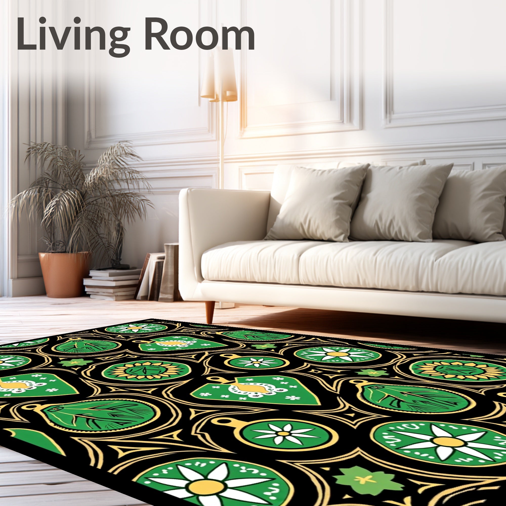 Bold Green Leaf Medallion Black Rug