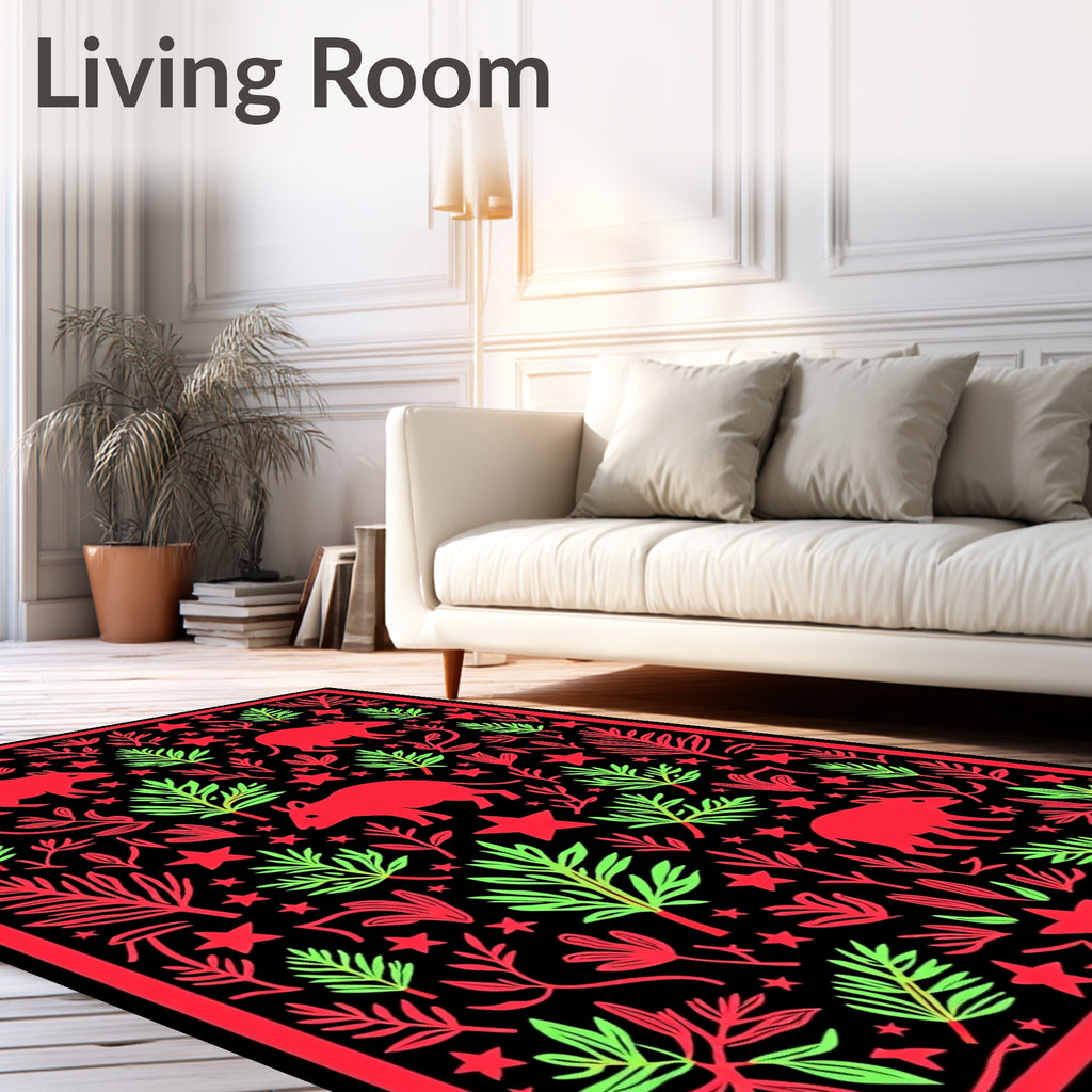 Vibrant Red And Green Animal Garden Rug