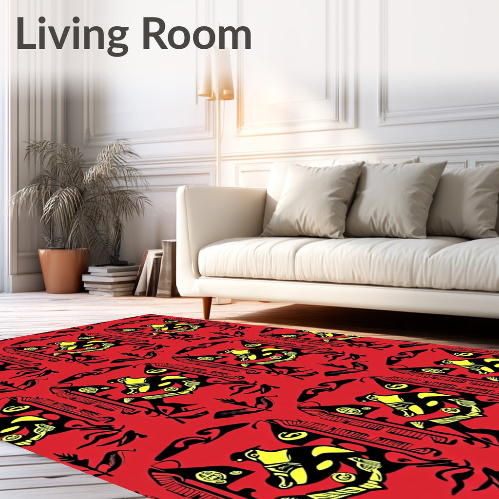 Bold Red Yellow Bird Geometric Rug