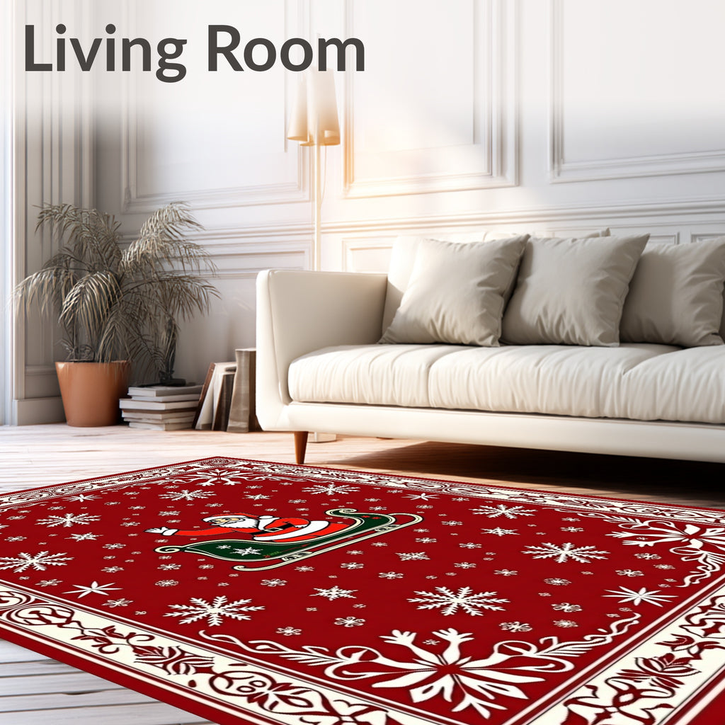Red Santa Sleigh Snowflake Border Rug