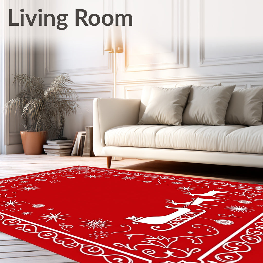 Festive Red Sleigh Star Snowflakes Rug