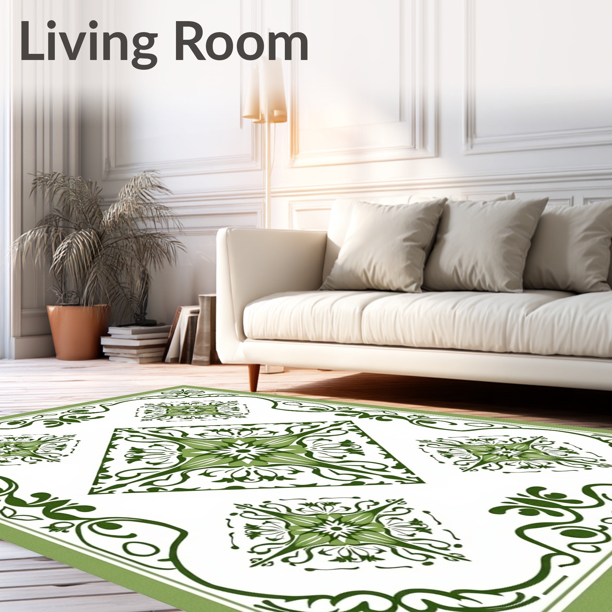 Green Floral Medallion Diamond Border Rug