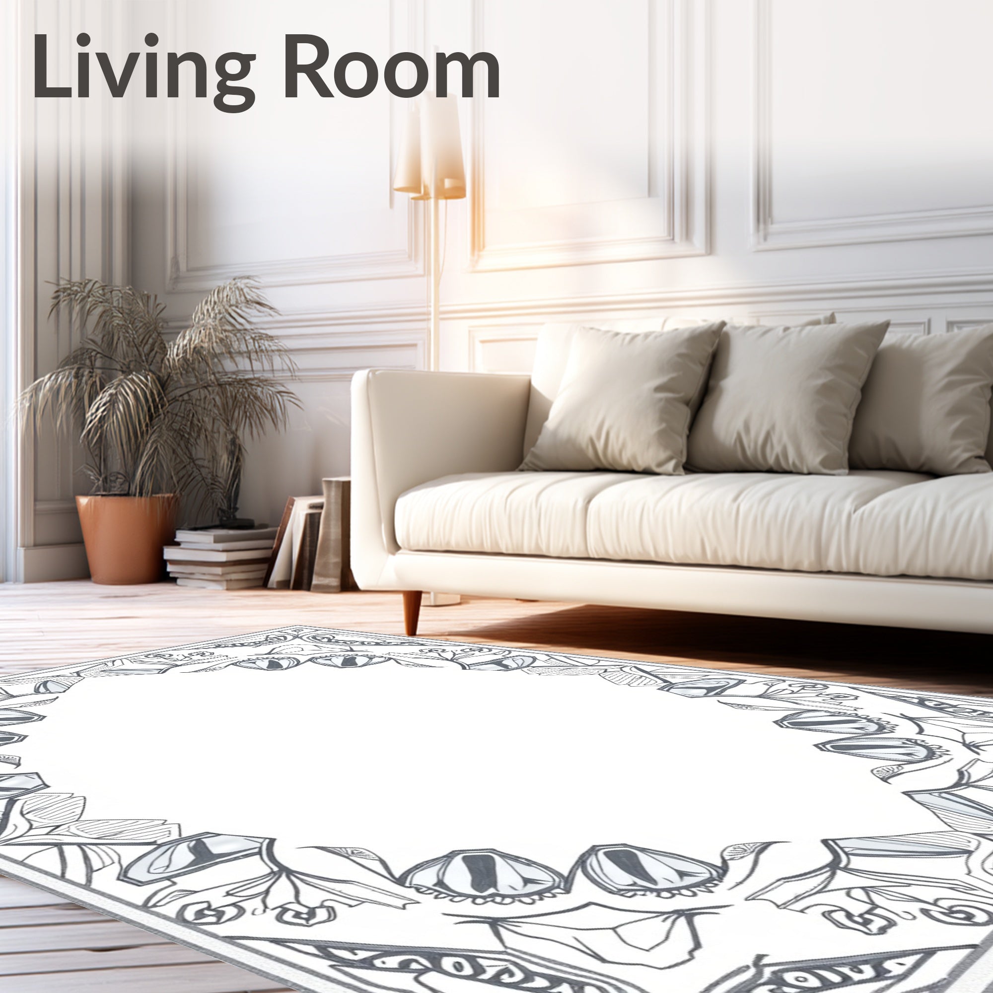 Abstract Gray Floral Medallion Frame Rug
