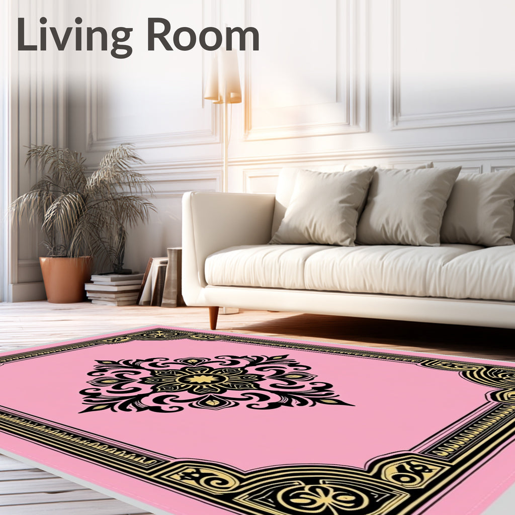 Pink Golden Floral Scroll Border Rug