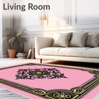 Pink Golden Floral Scroll Border Rug