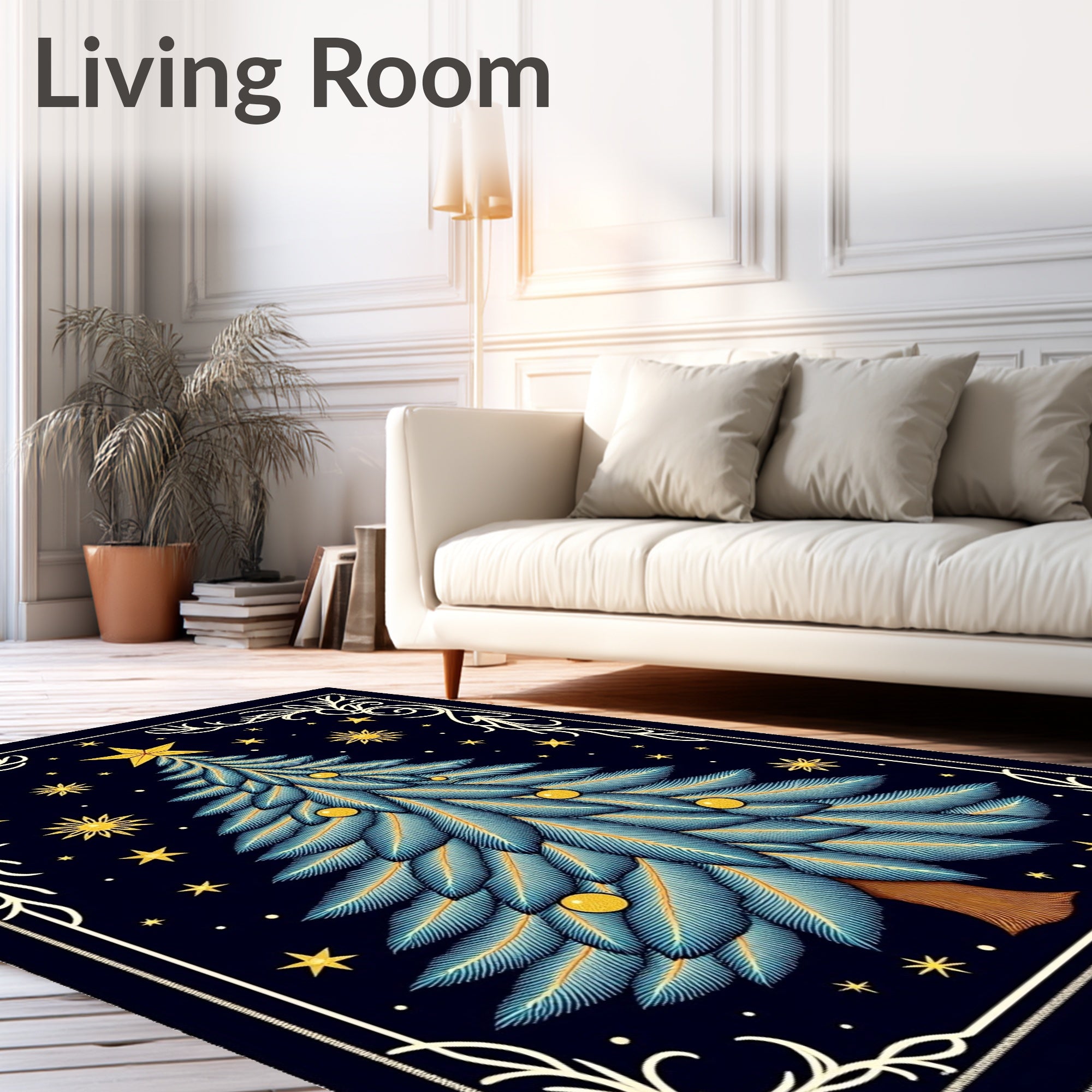 Blue Feathered Christmas Tree Stars Rug