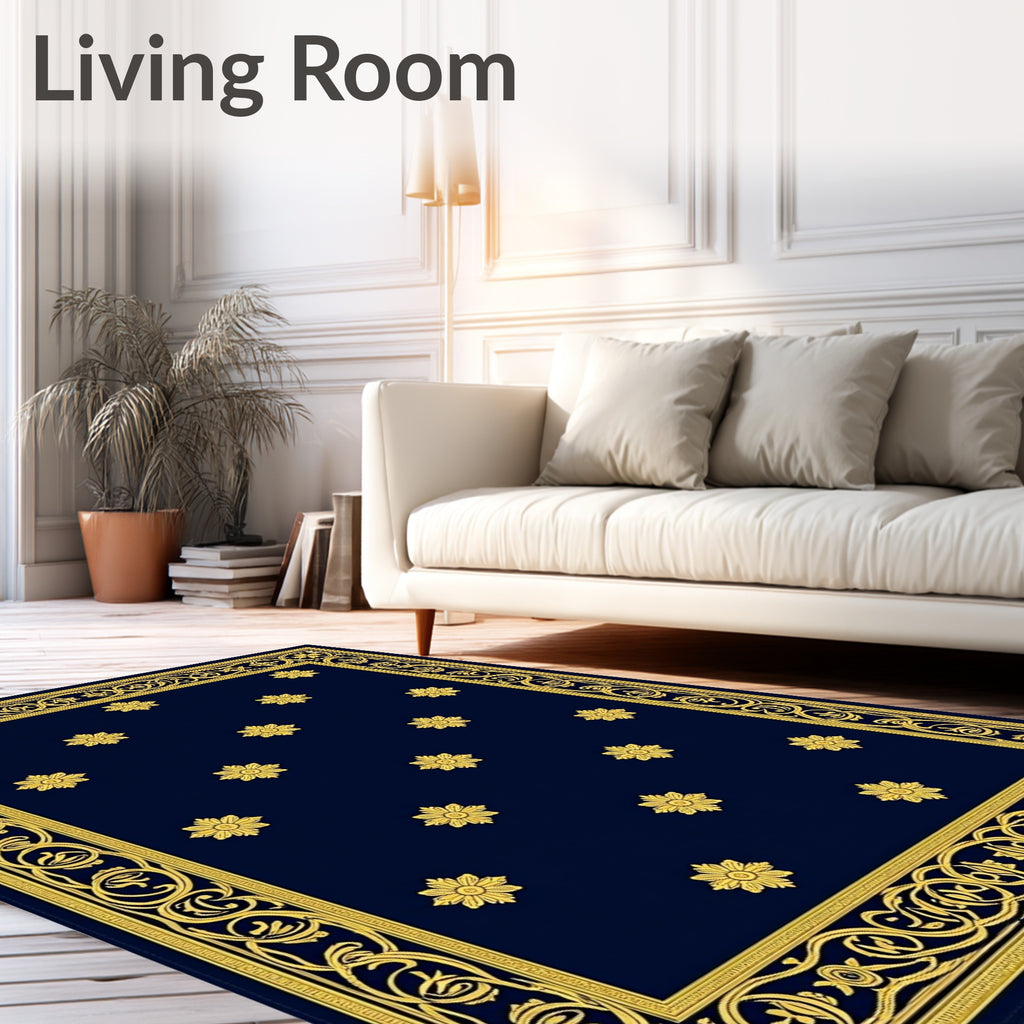 Naval Blue Golden Floral Border Rug