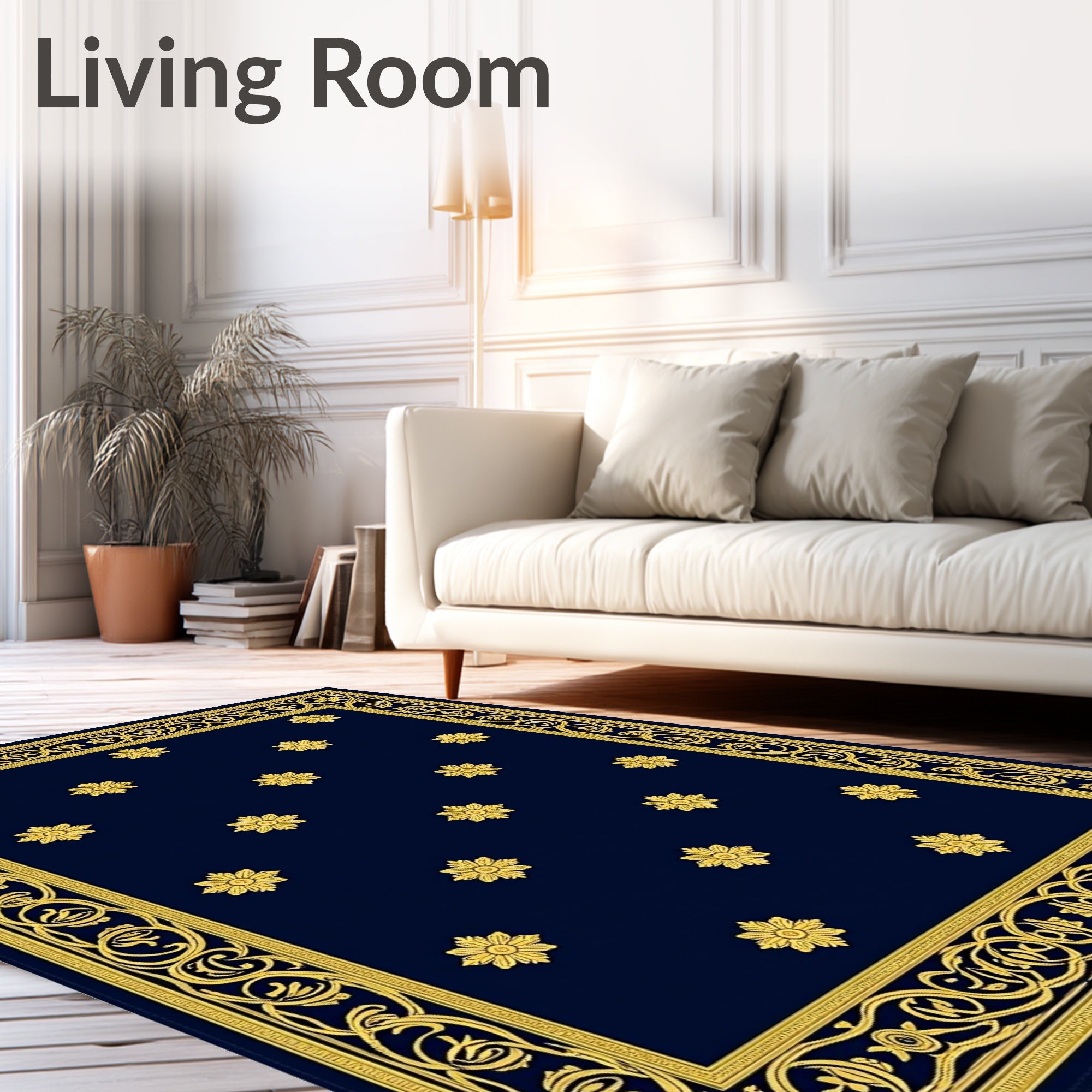 Naval Blue Golden Floral Border Rug
