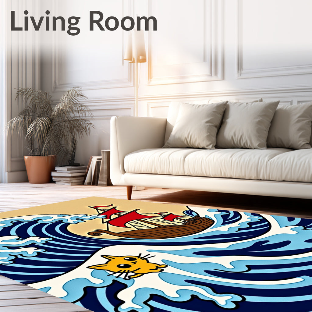 Whimsical Cat Ship Amidst Rolling Waves Rug