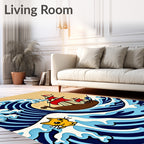 Whimsical Cat Ship Amidst Rolling Waves Rug