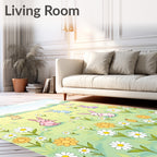 Playful Bunnies Meadow Floral Scene Rug