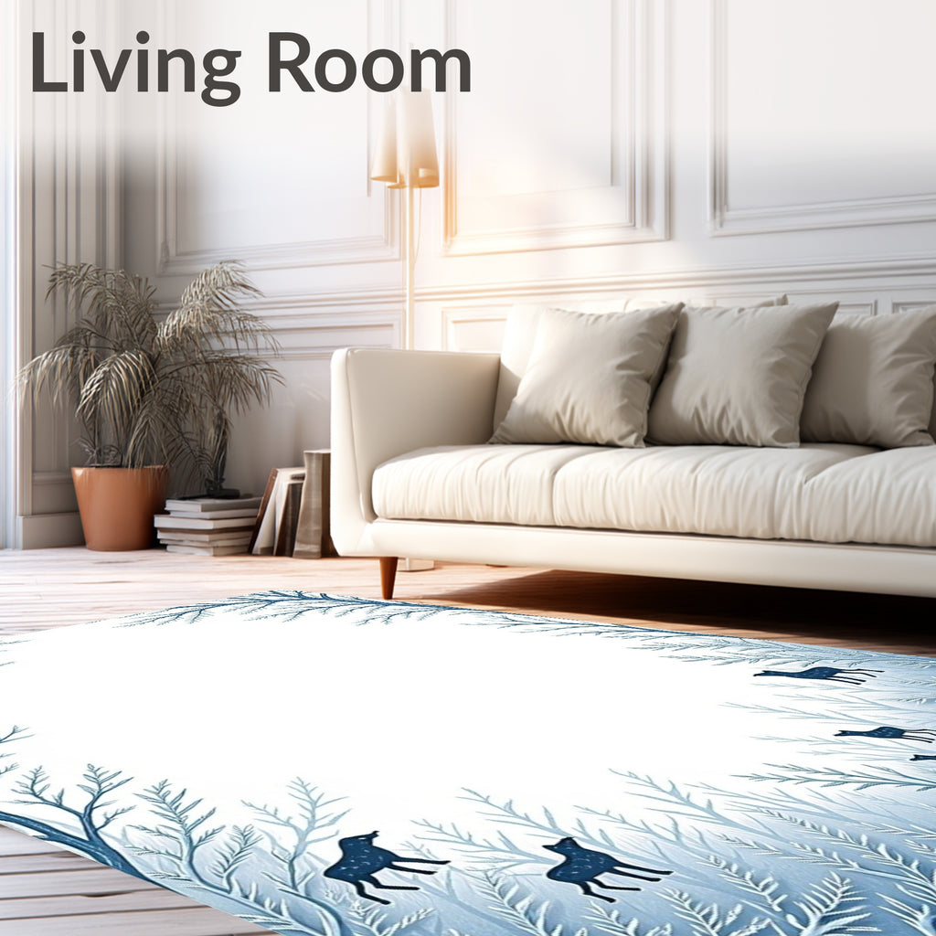 Whimsical Blue Woodland Dog Scene Rug