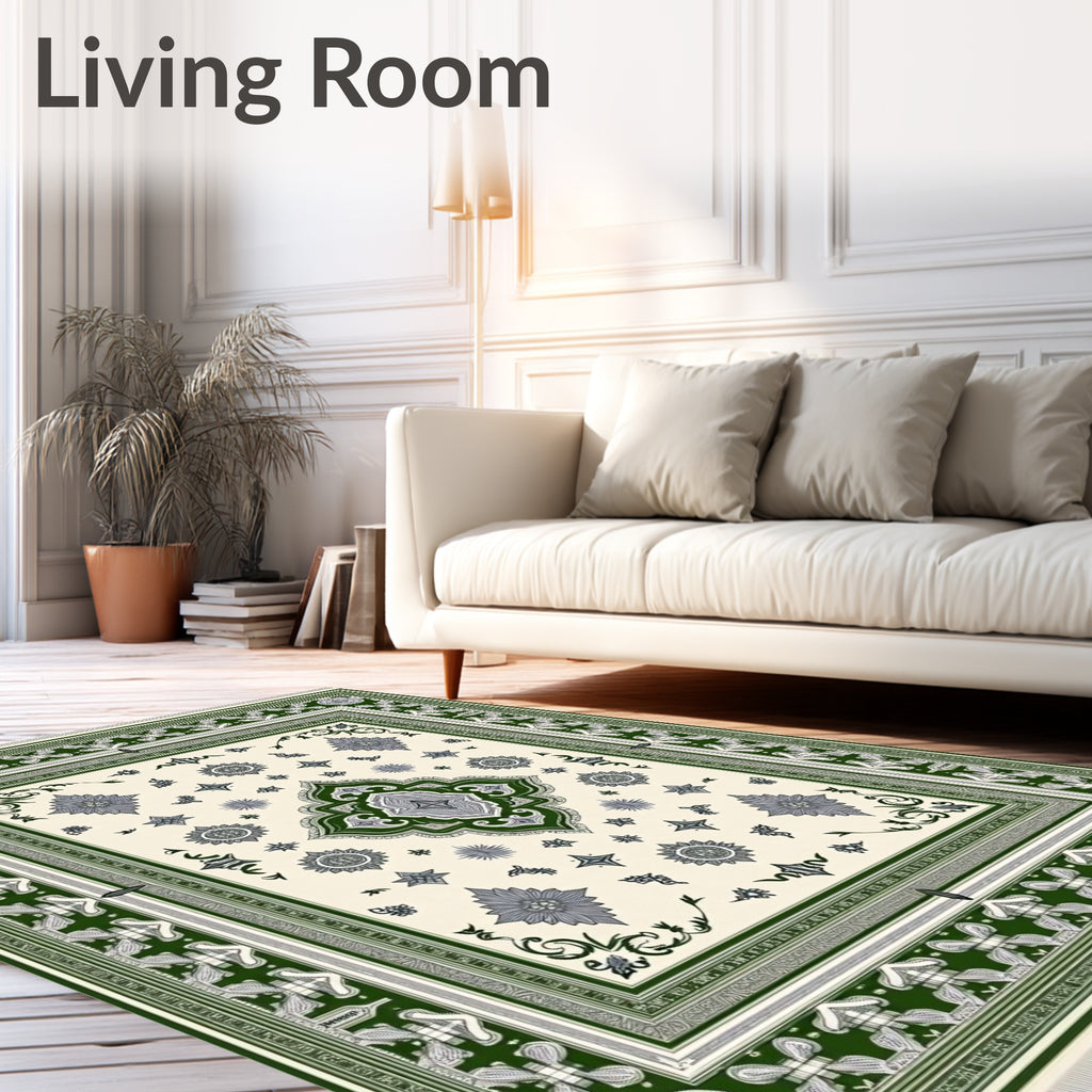 Cream Green Floral Medallion Border Rug