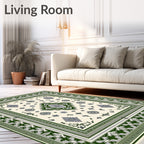 Cream Green Floral Medallion Border Rug
