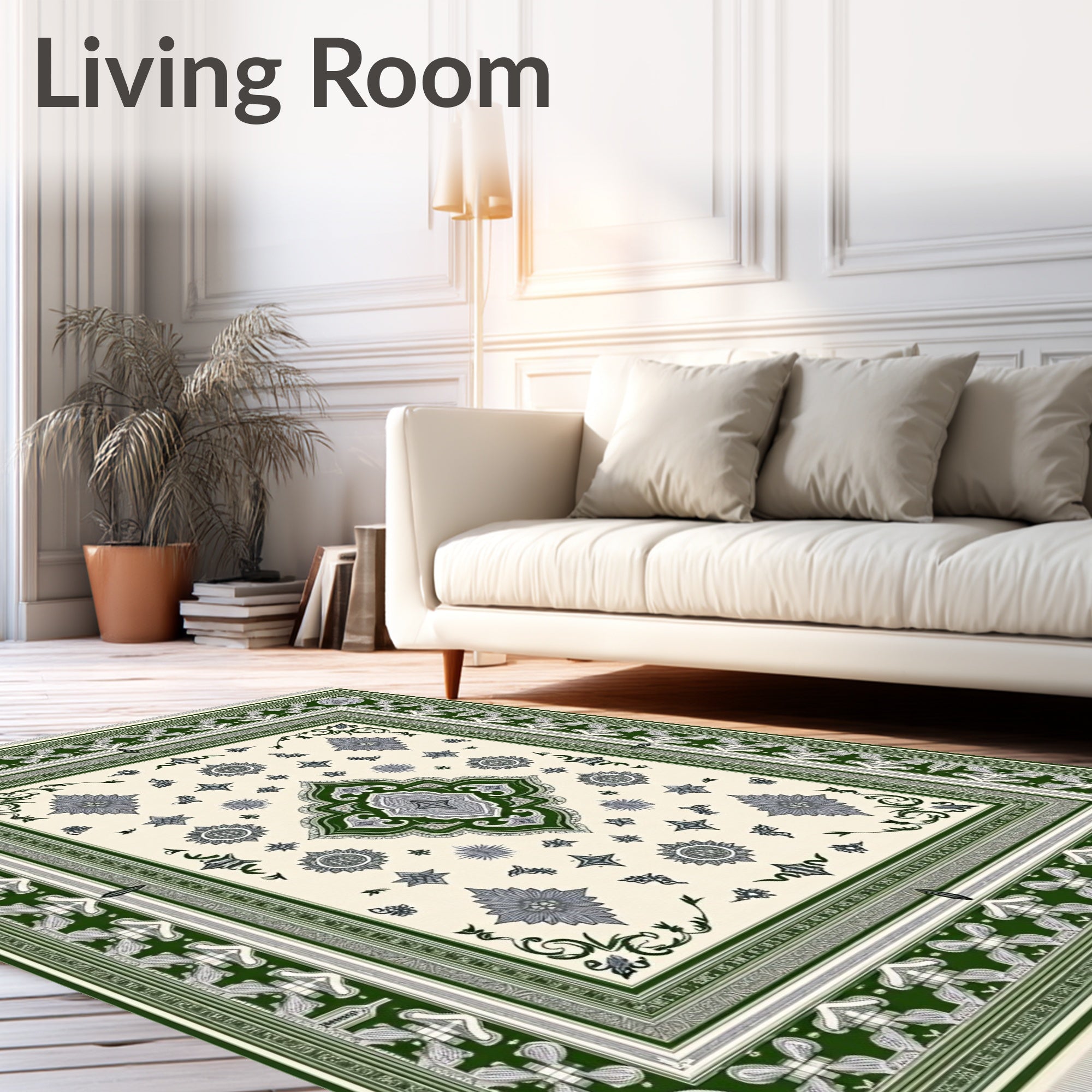 Cream Green Floral Medallion Border Rug