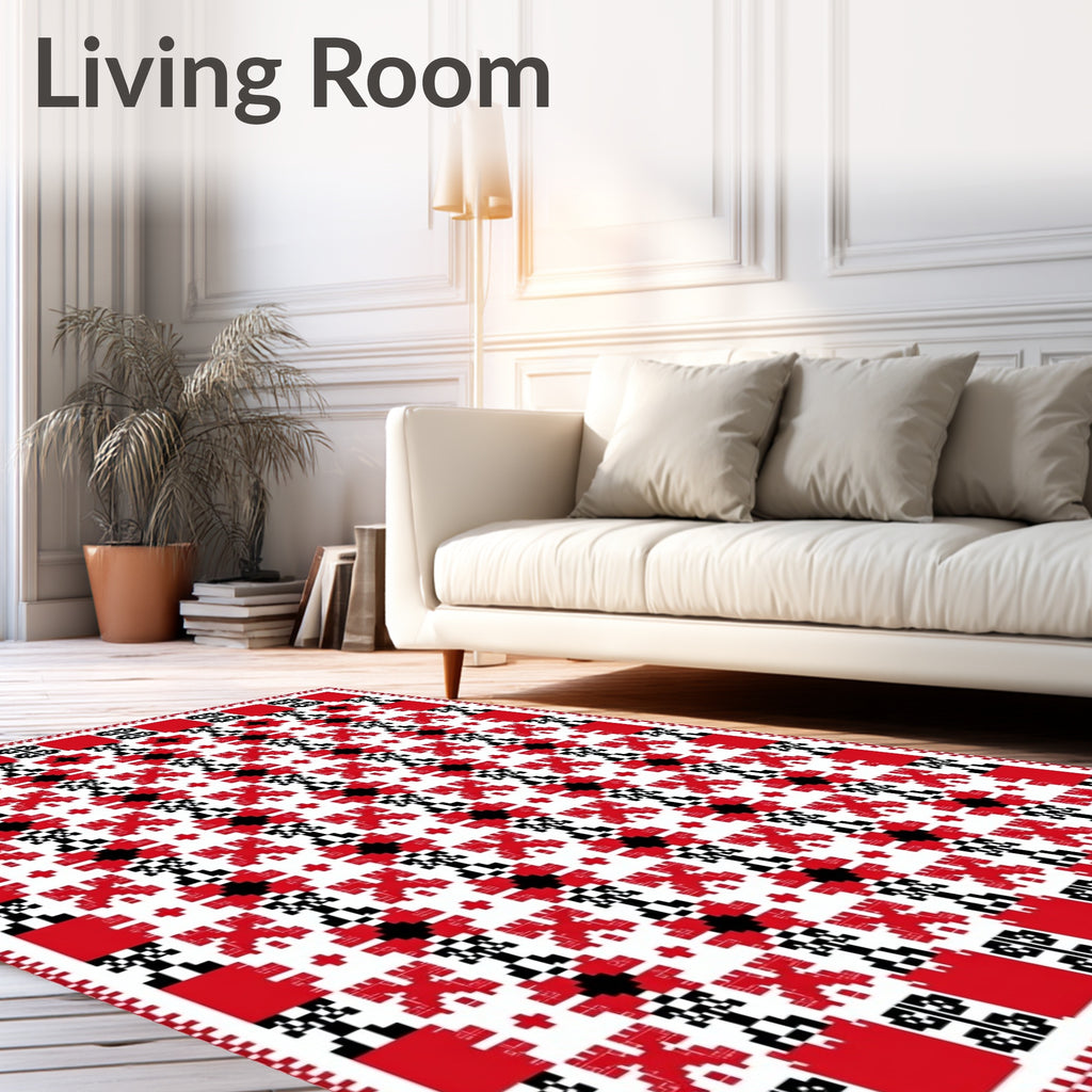Red Black White Pixelated Floral Rug