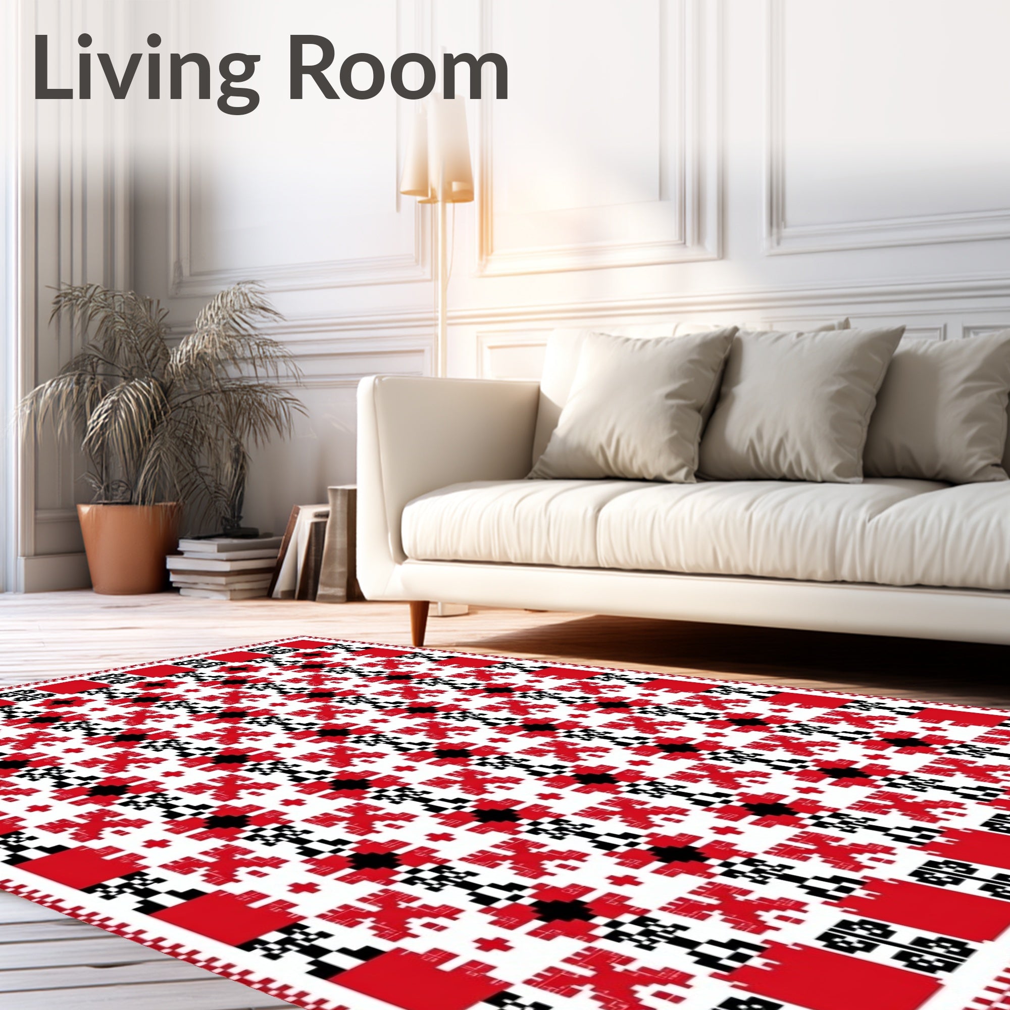 Red Black White Pixelated Floral Rug