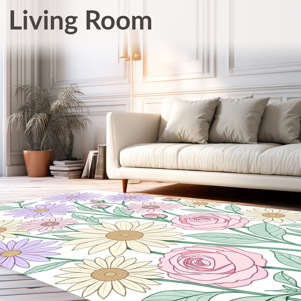 Pastel Floral Garden Daisy Rose Rug