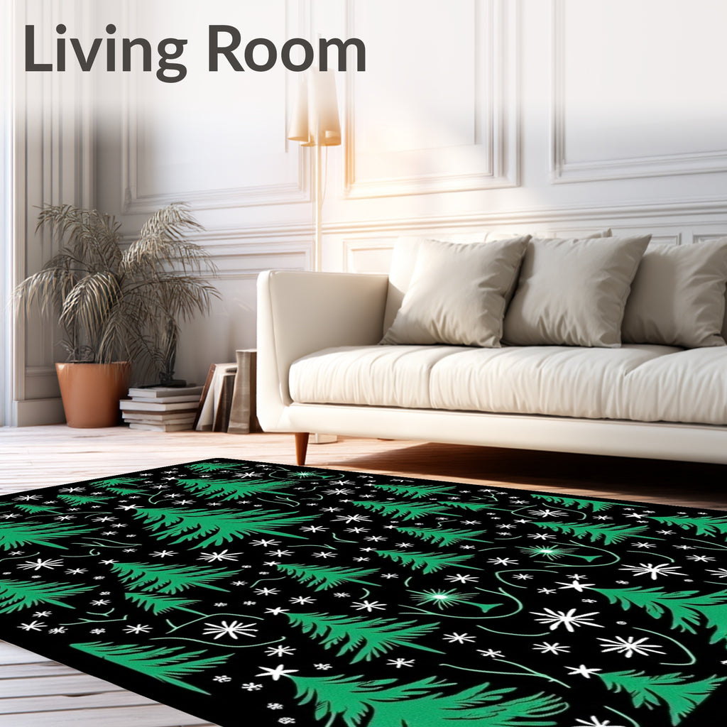 Evergreen Trees Winter Snowflakes Black Rug