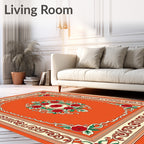 Orange Red Floral Scroll Border Rug