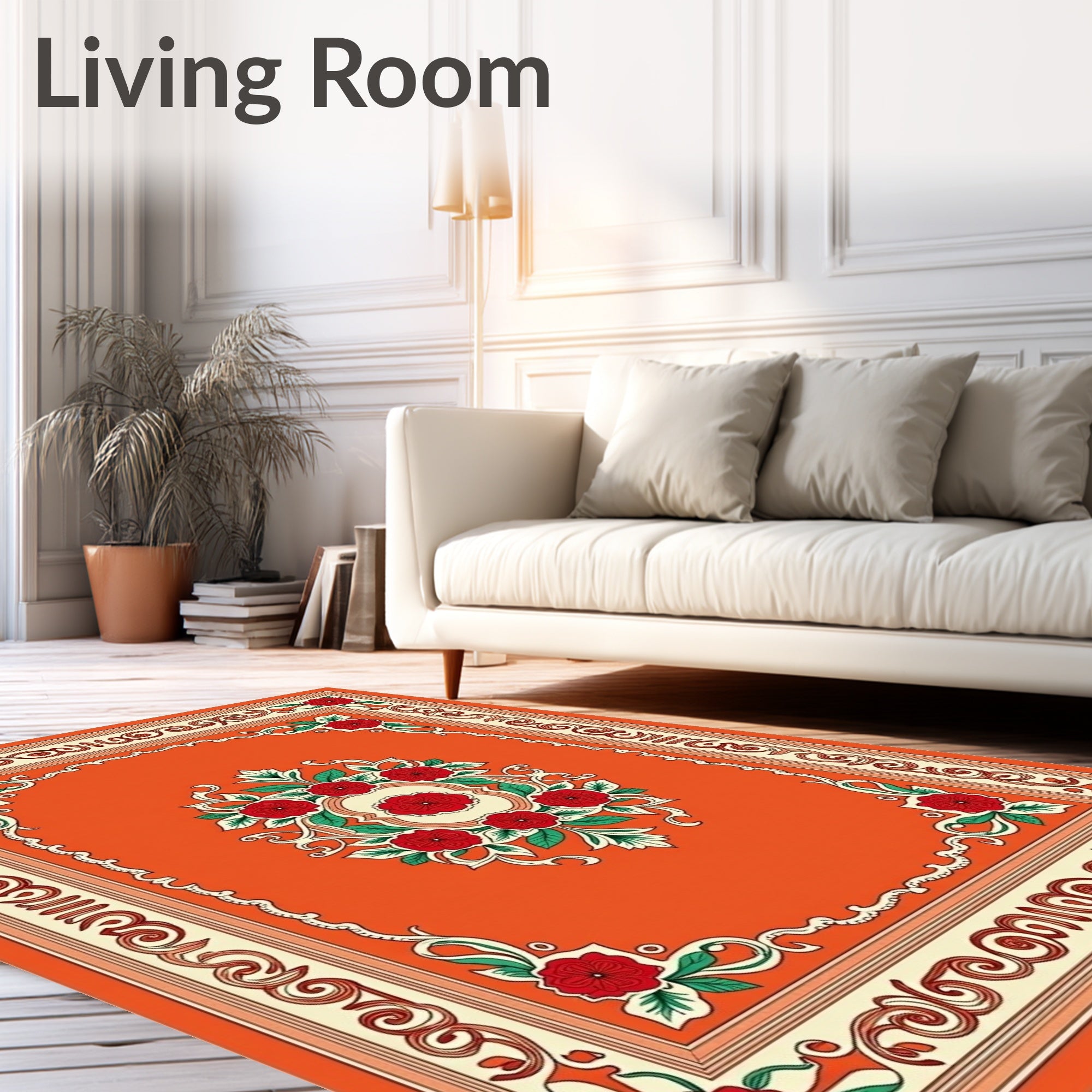 Orange Red Floral Scroll Border Rug